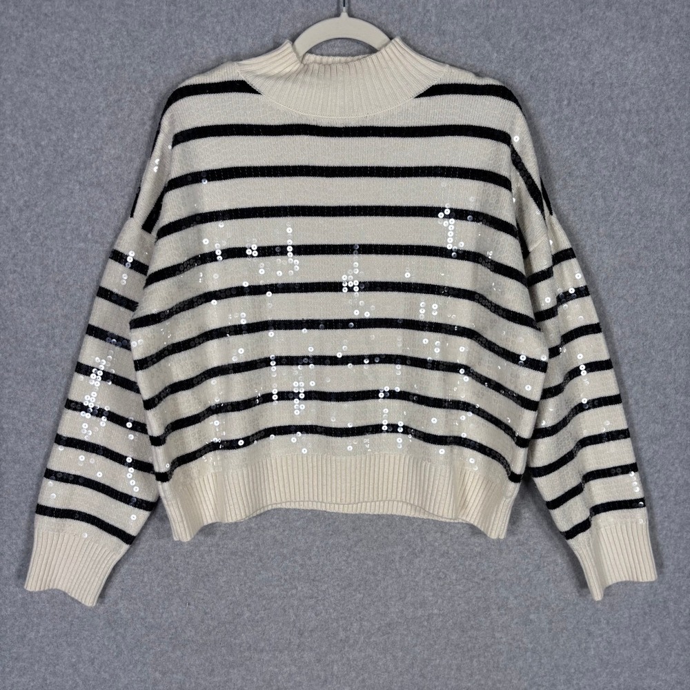 Striped Sequin Sweater Large Cream Black Mock Neck Oversized Slouchy Soft Preppy